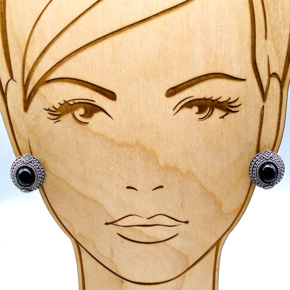 Basic Black Cabochon Earrings in Silver Tone Frames, Neutral Vintage Chic Clip - Picture 1 of 5
